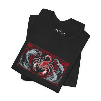 Scorpio - Gothic Zodiac T-Shirt. Red graphic in front. Zodiac in the Shadows