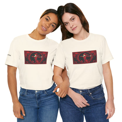 Sagittarius - Gothic Zodiac T-Shirt. Red graphic in front.  Zodiac in the Shadows