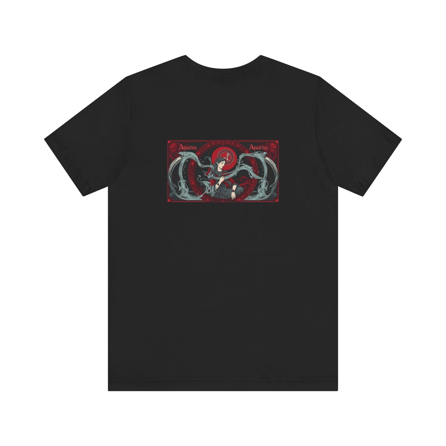 Aquarius - Gothic Zodiac, Red Graphic on the back T-Shirt. Zodiac in the Shadows
