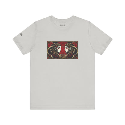 Gemini - Gothic Zodiac T-Shirt. Red graphic in front.  Zodiac in the Shadows
