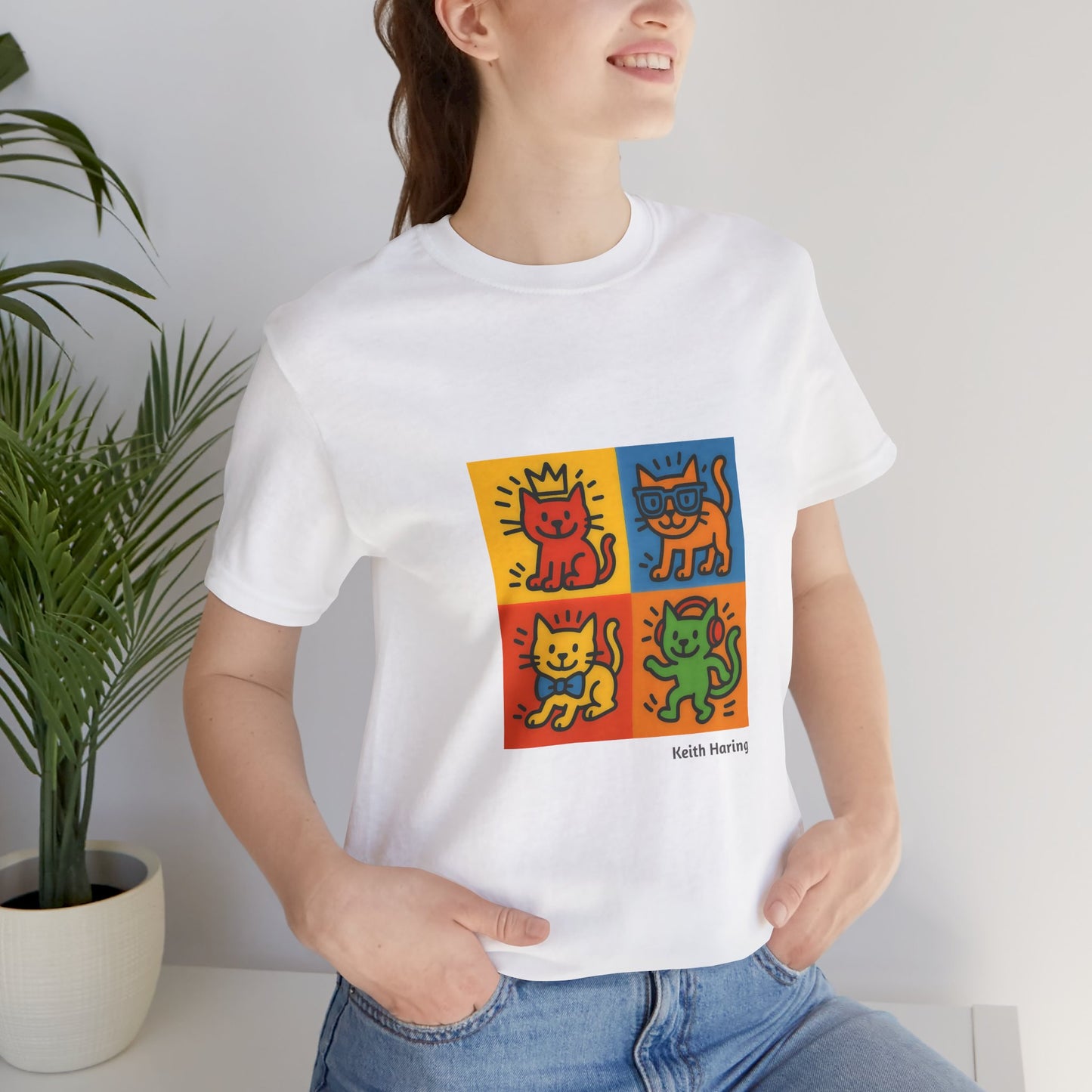 CATART Unisex Jersey Cat T-Shirt - KEITH HARING - Iconic Painting Reimagined with Cats