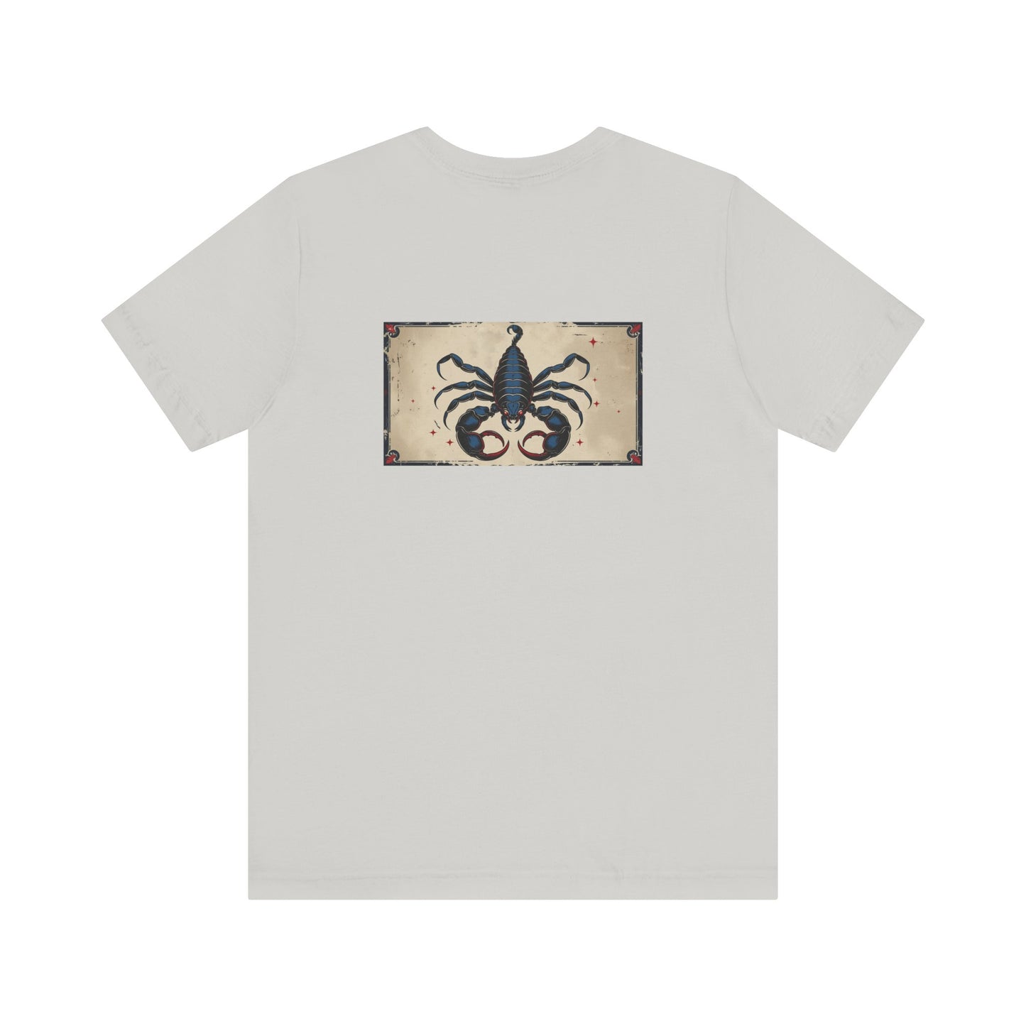 Scorpione - T-shirt con segno zodiacale gotico. Grafica blu sul retro. Segno zodiacale nell'ombra.