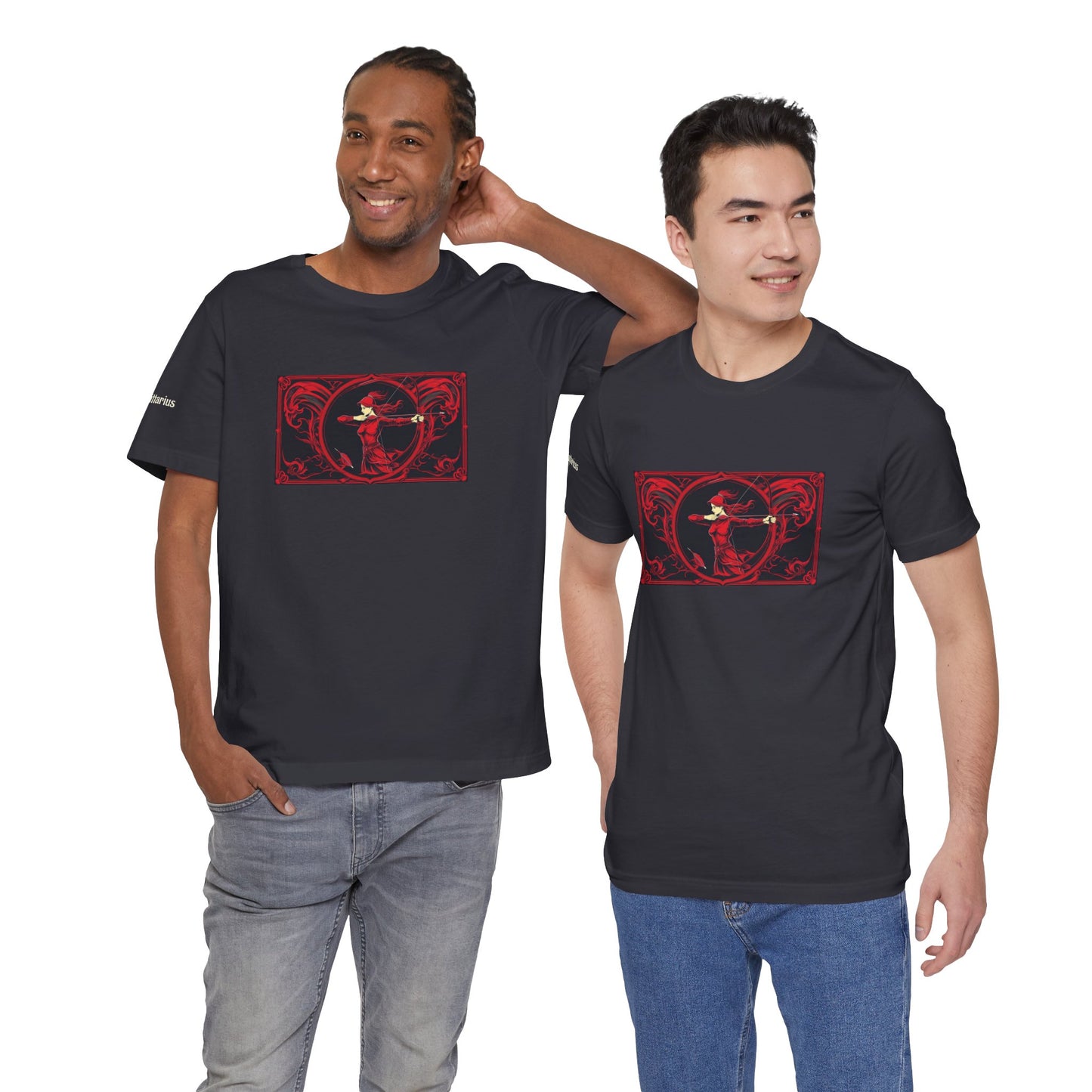 Sagittarius - Gothic Zodiac T-Shirt. Red graphic in front.  Zodiac in the Shadows