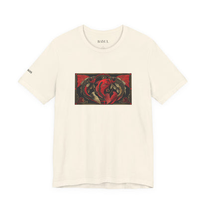 Pisces - Gothic Zodiac T-Shirt. Red graphic in front.  Zodiac in the Shadows