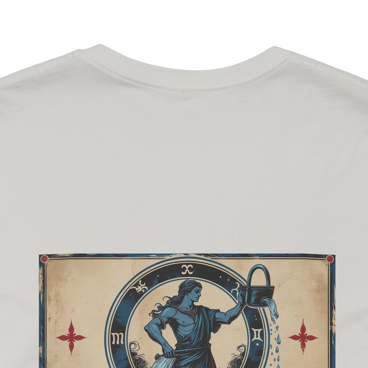 Acquario - T-shirt con segno zodiacale gotico. Grafica blu sul retro. Segno zodiacale nell'ombra.