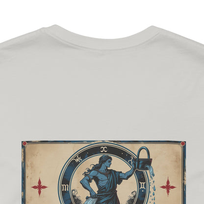 Acquario - T-shirt con segno zodiacale gotico. Grafica blu sul retro. Segno zodiacale nell'ombra.