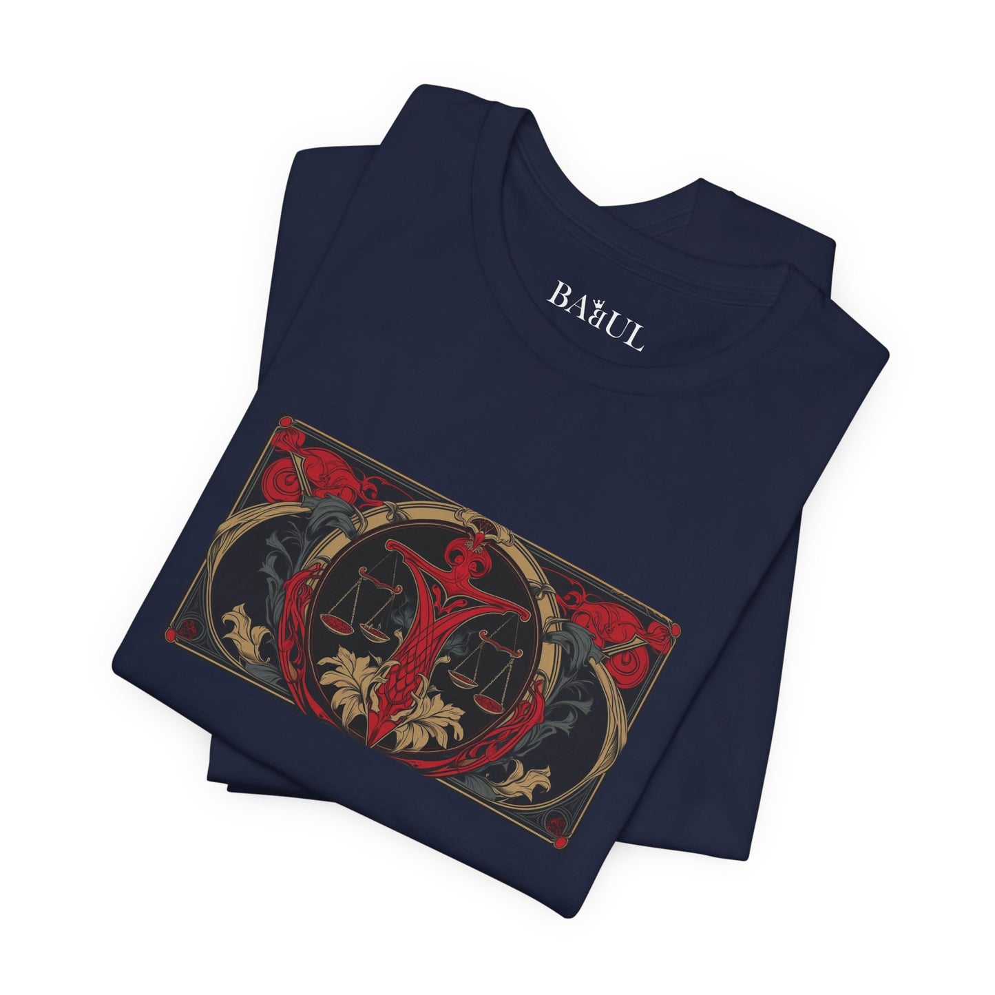 Libra - Gothic Zodiac T-Shirt. Red graphic in front.  Zodiac in the Shadows