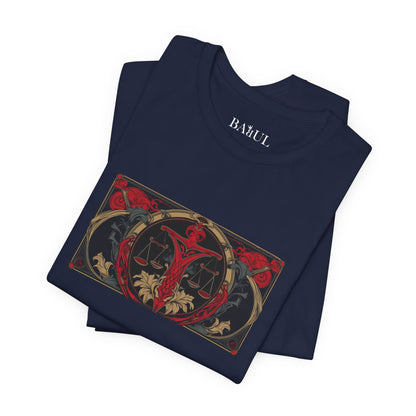 Libra - Gothic Zodiac T-Shirt. Red graphic in front.  Zodiac in the Shadows