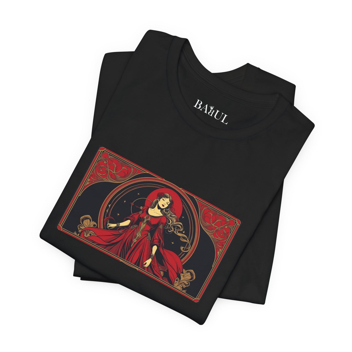 Virgo - Gothic Zodiac T-Shirt. Red graphic in front.  Zodiac in the Shadows