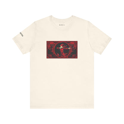 Sagittarius - Gothic Zodiac T-Shirt. Red graphic in front.  Zodiac in the Shadows