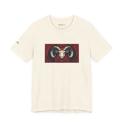 Aries - Gothic Zodiac T-Shirt. Red graphic in front.  Zodiac in the Shadows