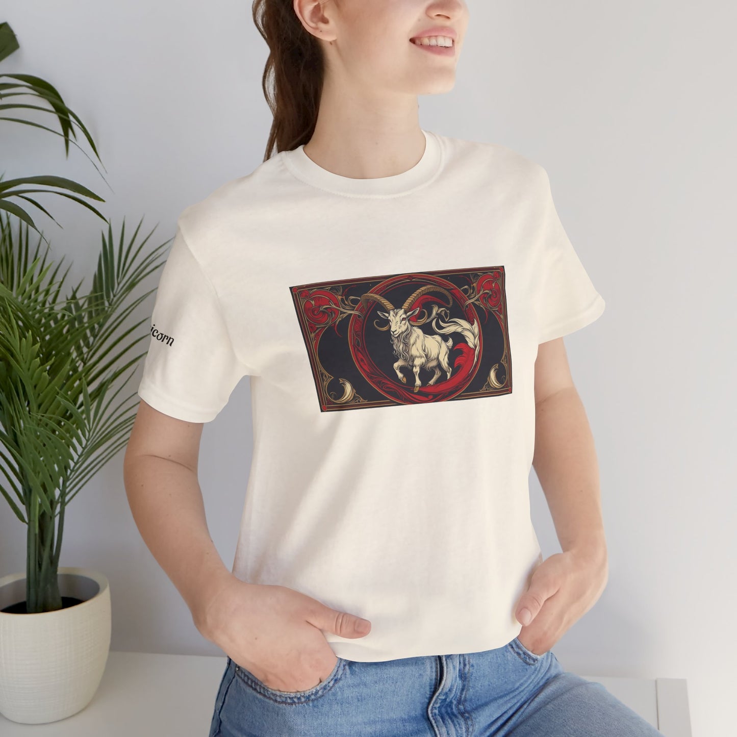 Capricorn - Gothic Zodiac T-Shirt. Red graphic in front. Zodiac in the Shadows