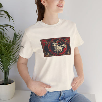 Capricorn - Gothic Zodiac T-Shirt. Red graphic in front. Zodiac in the Shadows