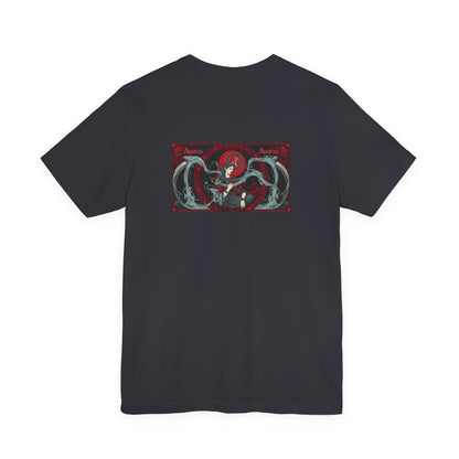 Aquarius - Gothic Zodiac, Red Graphic on the back T-Shirt. Zodiac in the Shadows