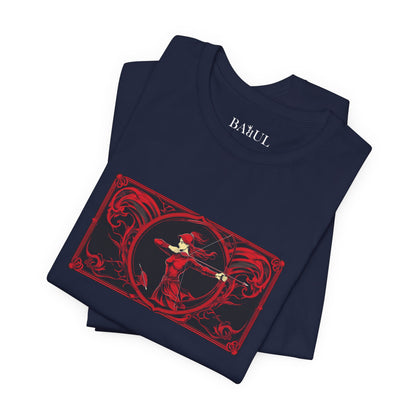 Sagittarius - Gothic Zodiac T-Shirt. Red graphic in front.  Zodiac in the Shadows
