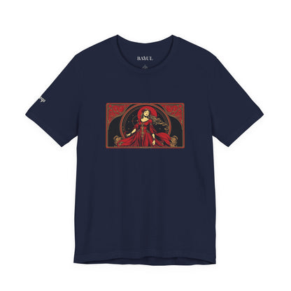 Virgo - Gothic Zodiac T-Shirt. Red graphic in front.  Zodiac in the Shadows
