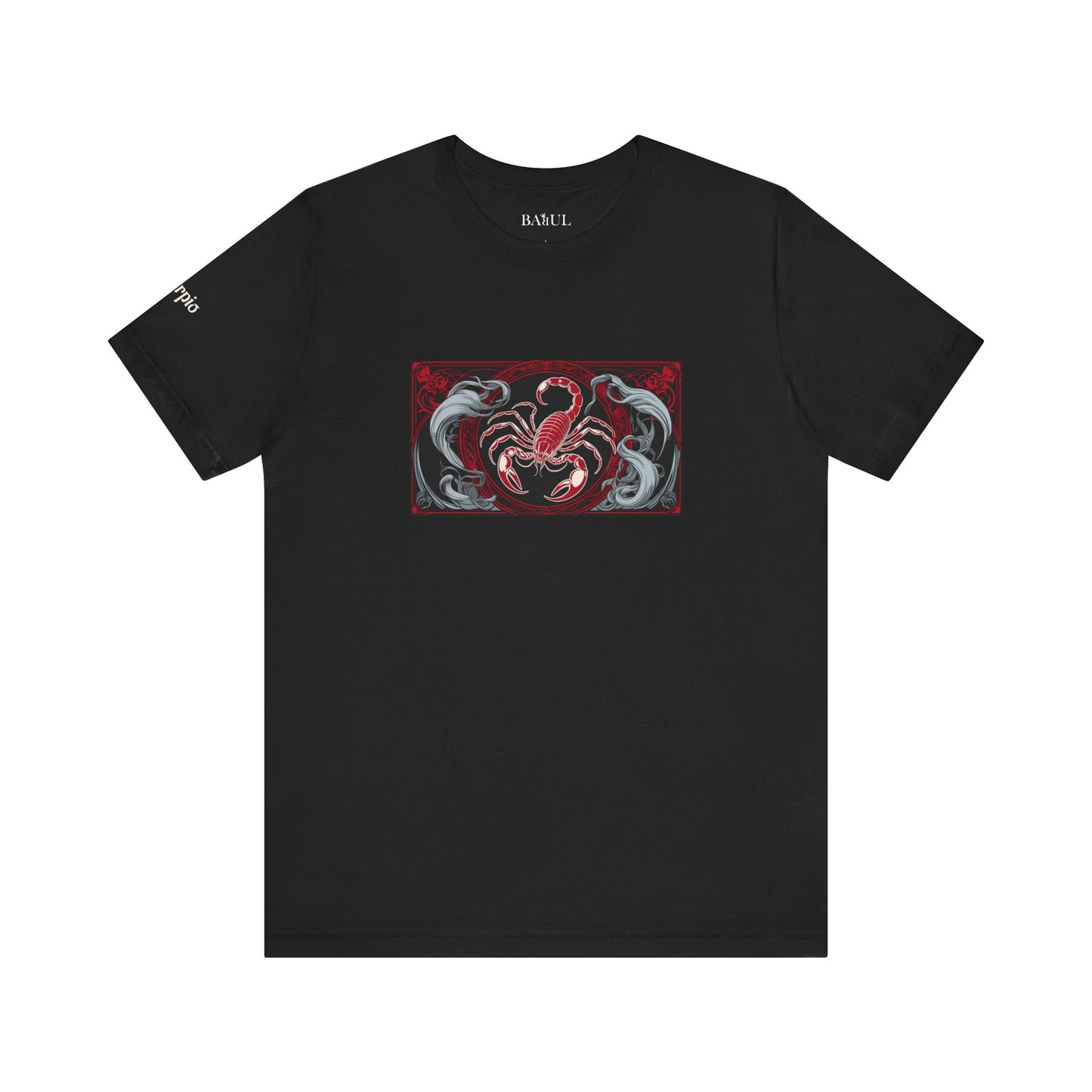 Scorpio - Gothic Zodiac T-Shirt. Red graphic in front. Zodiac in the Shadows