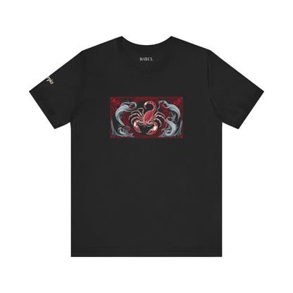 Scorpio - Gothic Zodiac T-Shirt. Red graphic in front. Zodiac in the Shadows