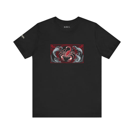 Scorpio - Gothic Zodiac T-Shirt. Red graphic in front. Zodiac in the Shadows