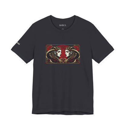 Gemini - Gothic Zodiac T-Shirt. Red graphic in front.  Zodiac in the Shadows