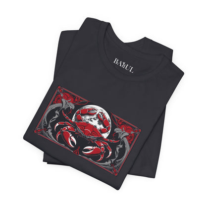 Cancer - Gothic Zodiac T-Shirt. Red graphic in front.  Zodiac in the Shadows