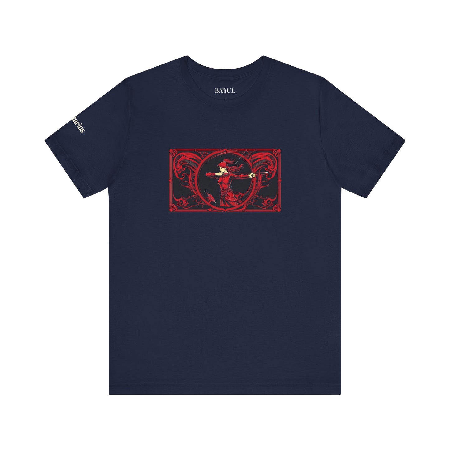 Sagittarius - Gothic Zodiac T-Shirt. Red graphic in front.  Zodiac in the Shadows