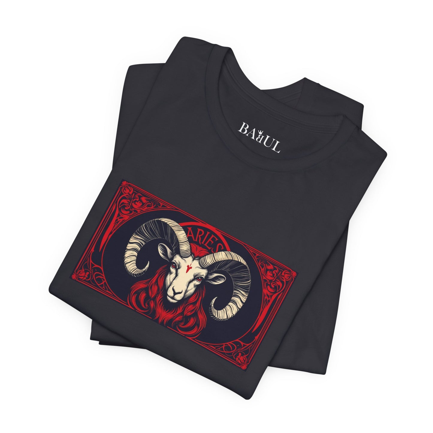Aries - Gothic Zodiac T-Shirt. Red graphic in front.  Zodiac in the Shadows