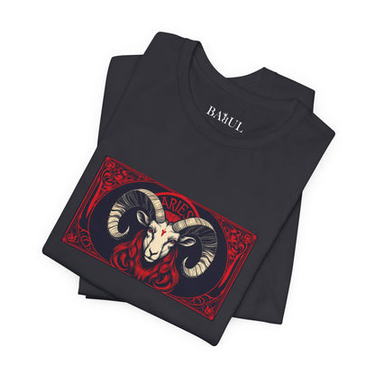 Aries - Gothic Zodiac T-Shirt. Red graphic in front.  Zodiac in the Shadows