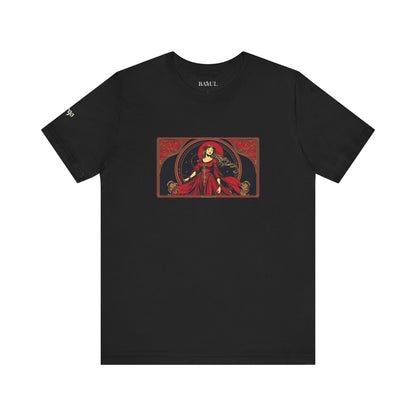 Virgo - Gothic Zodiac T-Shirt. Red graphic in front.  Zodiac in the Shadows