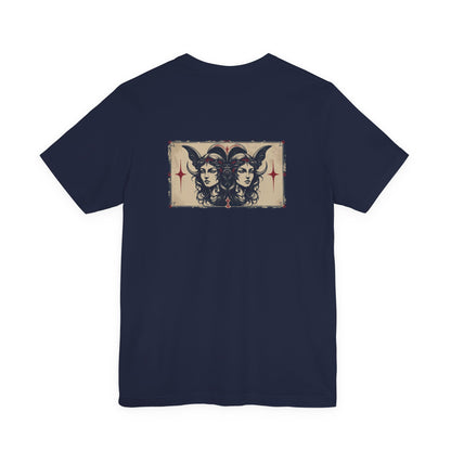 Gemini - Gothic Zodiac T-Shirt. Blue graphic on the back.  Zodiac in the Shadows