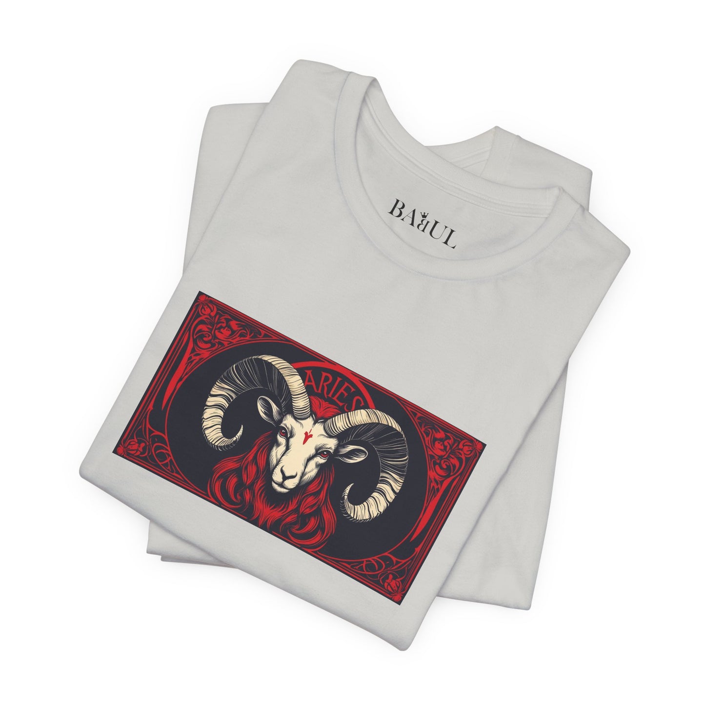 Aries - Gothic Zodiac T-Shirt. Red graphic in front.  Zodiac in the Shadows