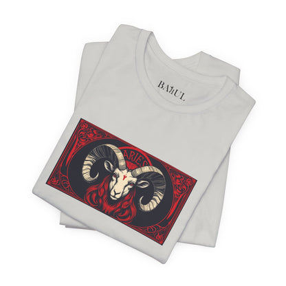 Aries - Gothic Zodiac T-Shirt. Red graphic in front.  Zodiac in the Shadows
