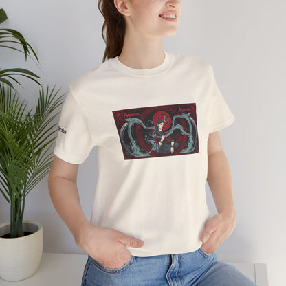 Aquarius - Gothic Zodiac T-Shirt. Red graphic in front.  Zodiac in the Shadows