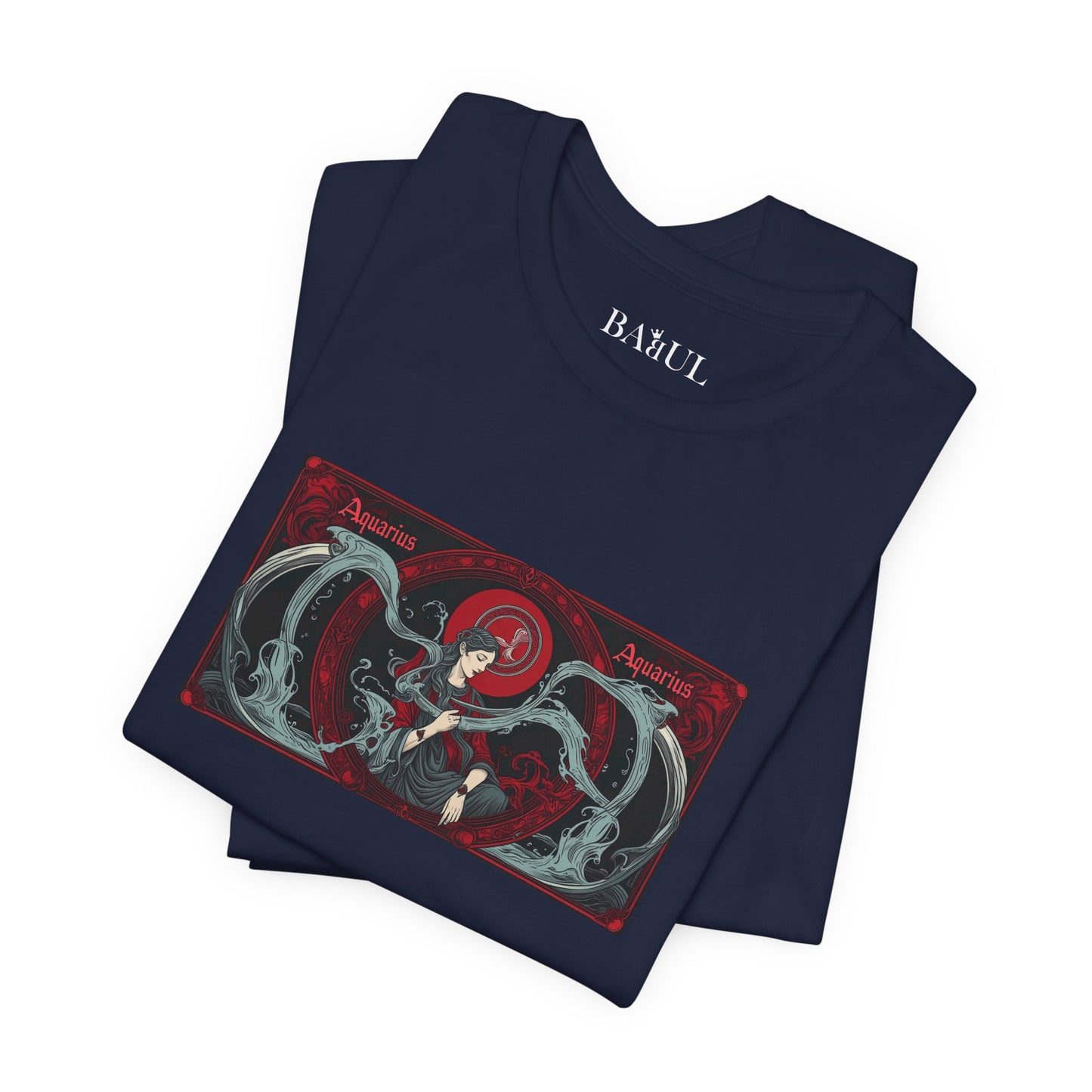 Aquarius - Gothic Zodiac T-Shirt. Red graphic in front.  Zodiac in the Shadows