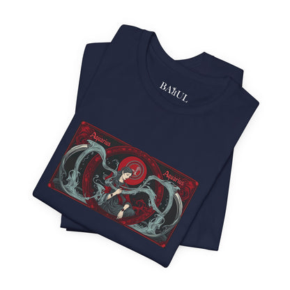 Aquarius - Gothic Zodiac T-Shirt. Red graphic in front.  Zodiac in the Shadows