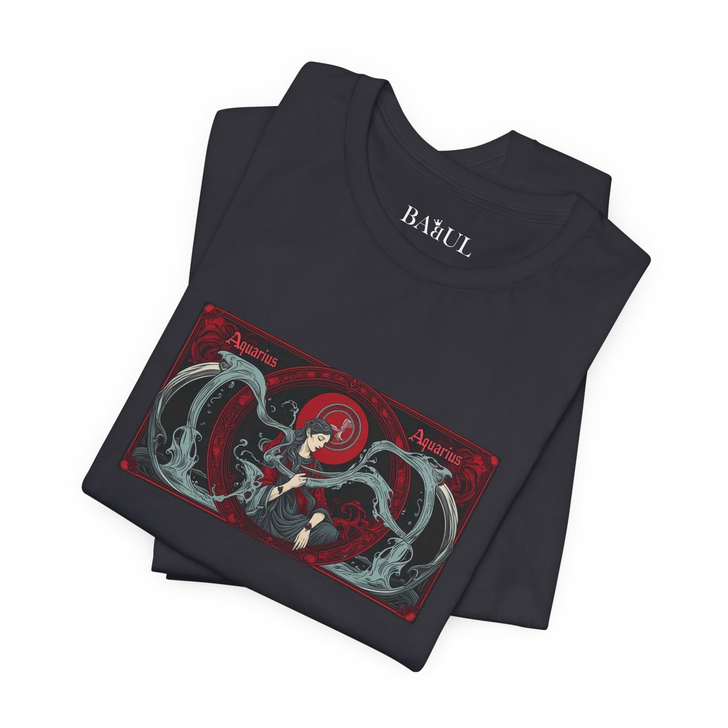 Aquarius - Gothic Zodiac T-Shirt. Red graphic in front.  Zodiac in the Shadows