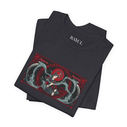 Aquarius - Gothic Zodiac T-Shirt. Red graphic in front.  Zodiac in the Shadows