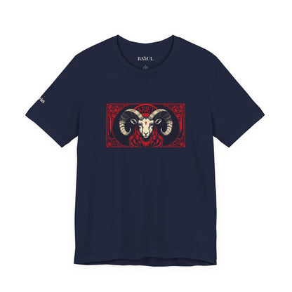 Aries - Gothic Zodiac T-Shirt. Red graphic in front.  Zodiac in the Shadows