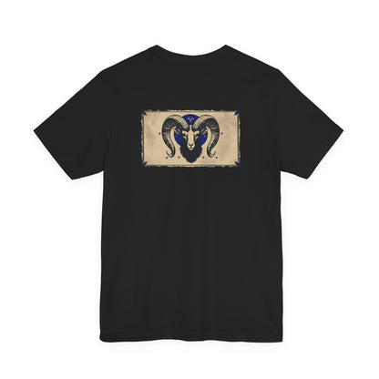 Aries - Gothic Zodiac T-Shirt. Blue graphic on the back. Zodiac in the Shadows