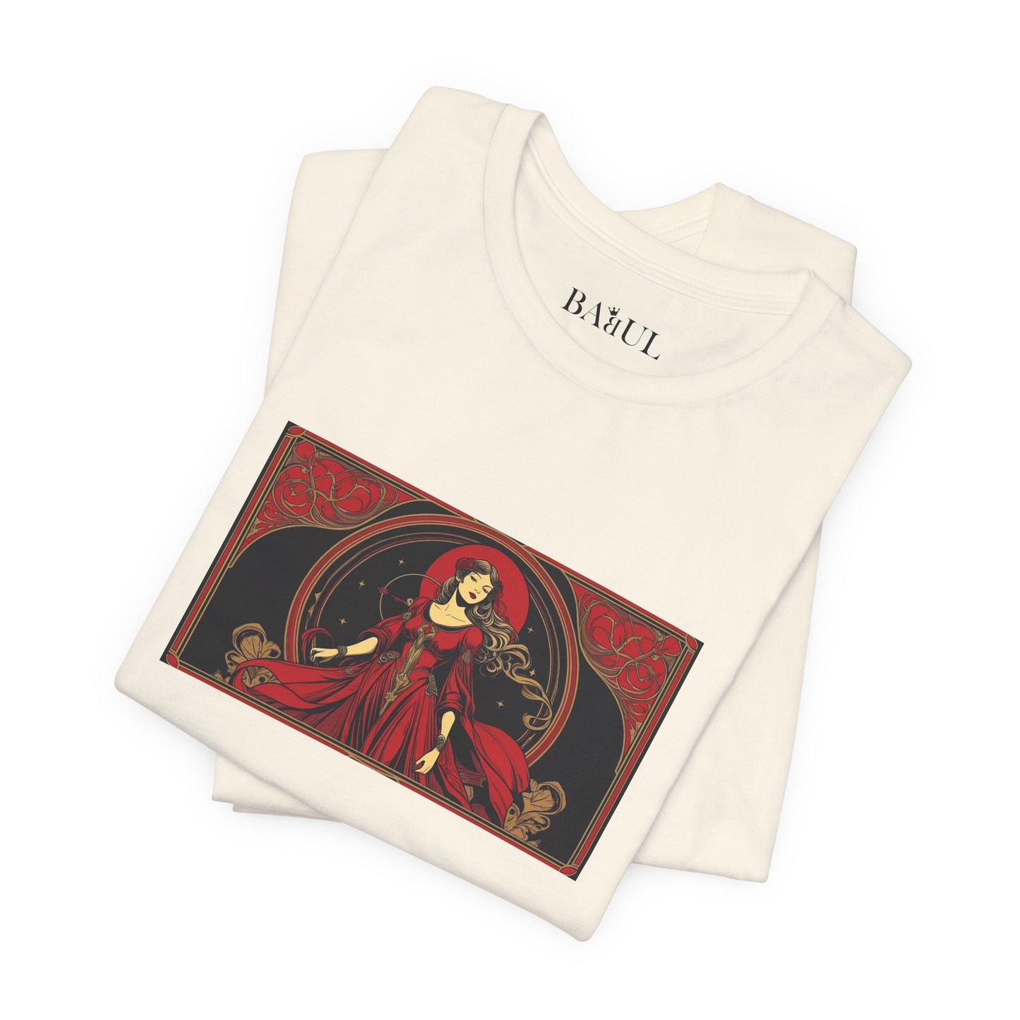 Virgo - Gothic Zodiac T-Shirt. Red graphic in front.  Zodiac in the Shadows