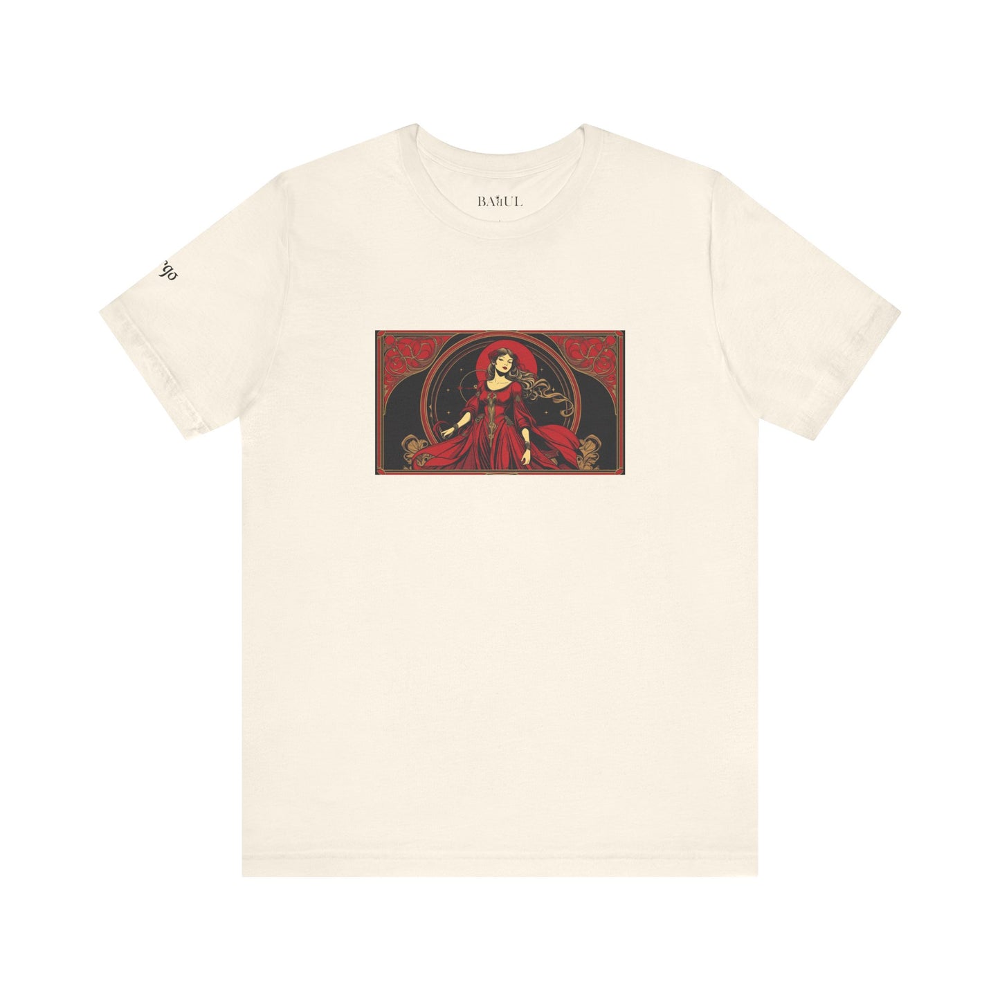 Virgo - Gothic Zodiac T-Shirt. Red graphic in front.  Zodiac in the Shadows