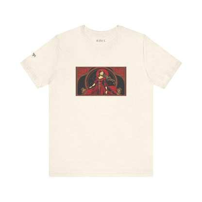 Virgo - Gothic Zodiac T-Shirt. Red graphic in front.  Zodiac in the Shadows