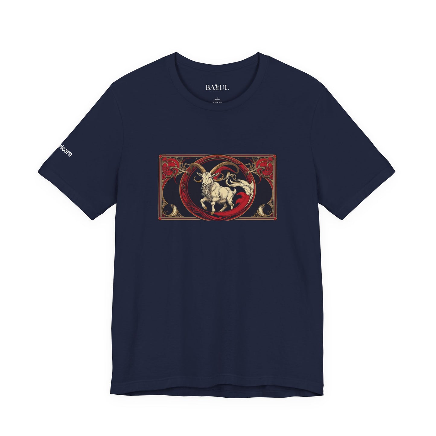 Capricorn - Gothic Zodiac T-Shirt. Red graphic in front. Zodiac in the Shadows