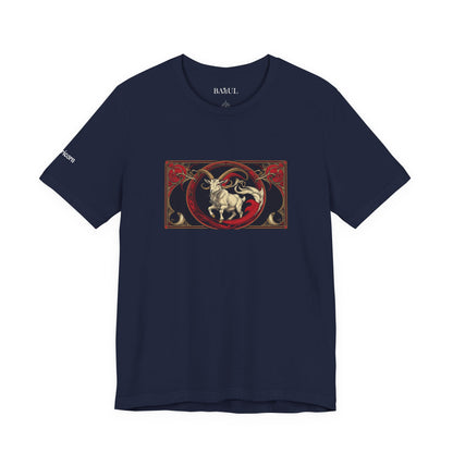 Capricorn - Gothic Zodiac T-Shirt. Red graphic in front. Zodiac in the Shadows