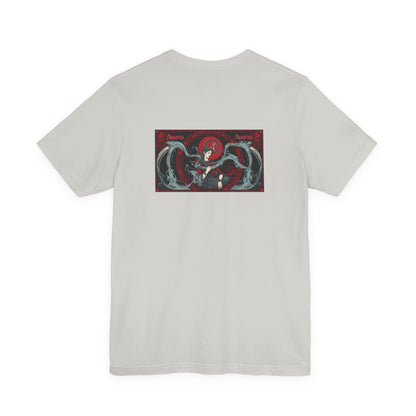 Aquarius - Gothic Zodiac, Red Graphic on the back T-Shirt. Zodiac in the Shadows