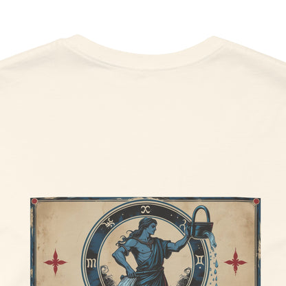 Acquario - T-shirt con segno zodiacale gotico. Grafica blu sul retro. Segno zodiacale nell'ombra.