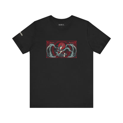 Aquarius - Gothic Zodiac T-Shirt. Red graphic in front.  Zodiac in the Shadows