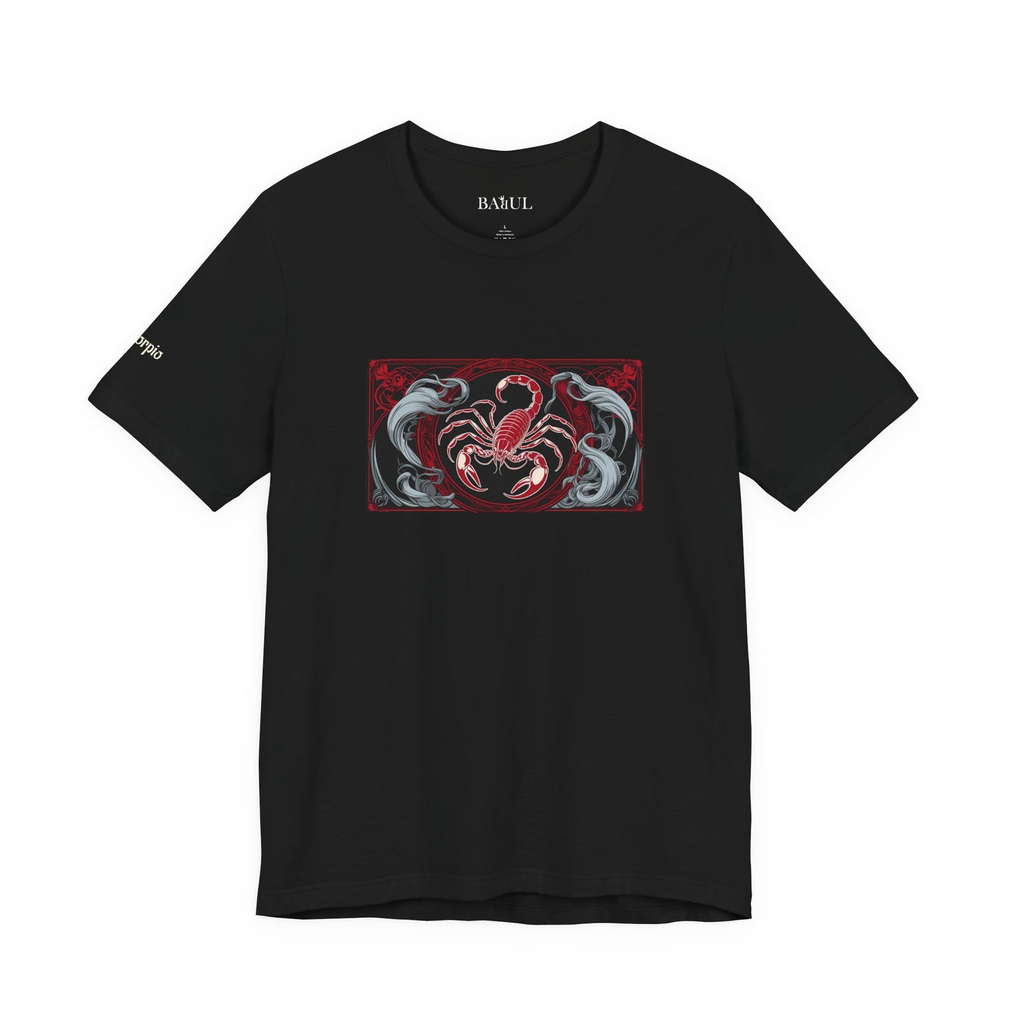 Scorpio - Gothic Zodiac T-Shirt. Red graphic in front. Zodiac in the Shadows