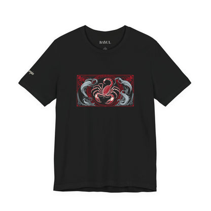 Scorpio - Gothic Zodiac T-Shirt. Red graphic in front. Zodiac in the Shadows
