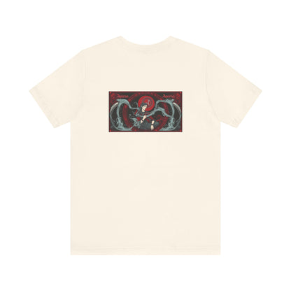Aquarius - Gothic Zodiac, Red Graphic on the back T-Shirt. Zodiac in the Shadows